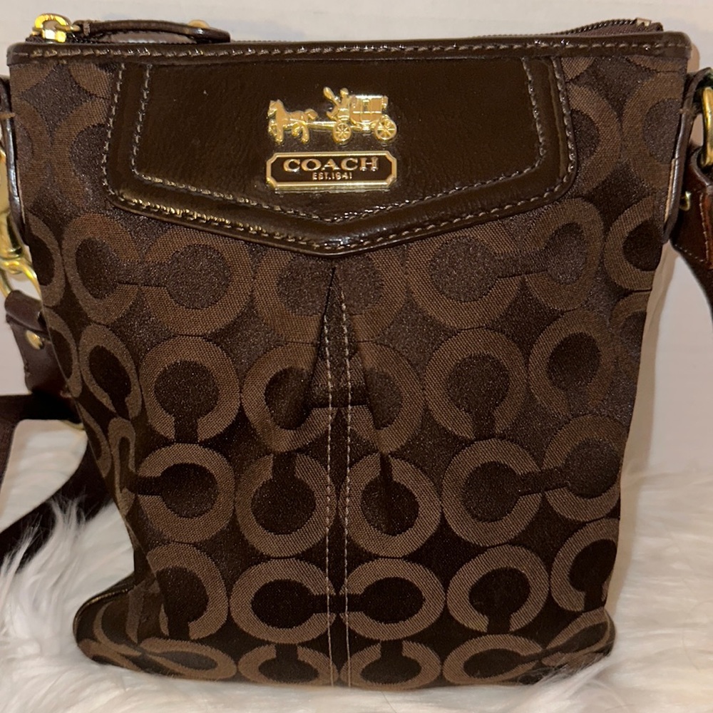 Coach Dark Brown Signature Canvas Crossbody with Gold Hardware